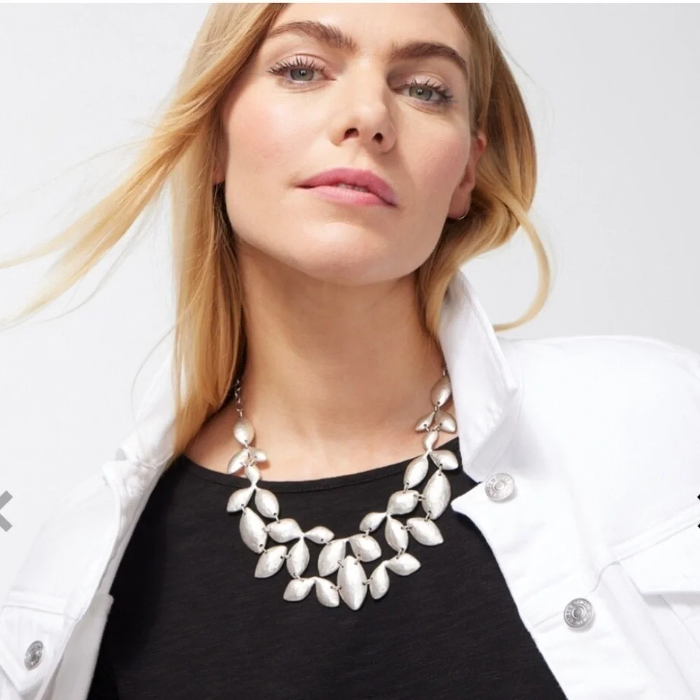 Chico's Silver Tone Leaf Bib Necklace